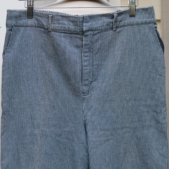 Rachel Zoe Blue White Railroad Pinstripe Stretch Cotton Wide Leg Pants Sz LARGE - Picture 2 of 6